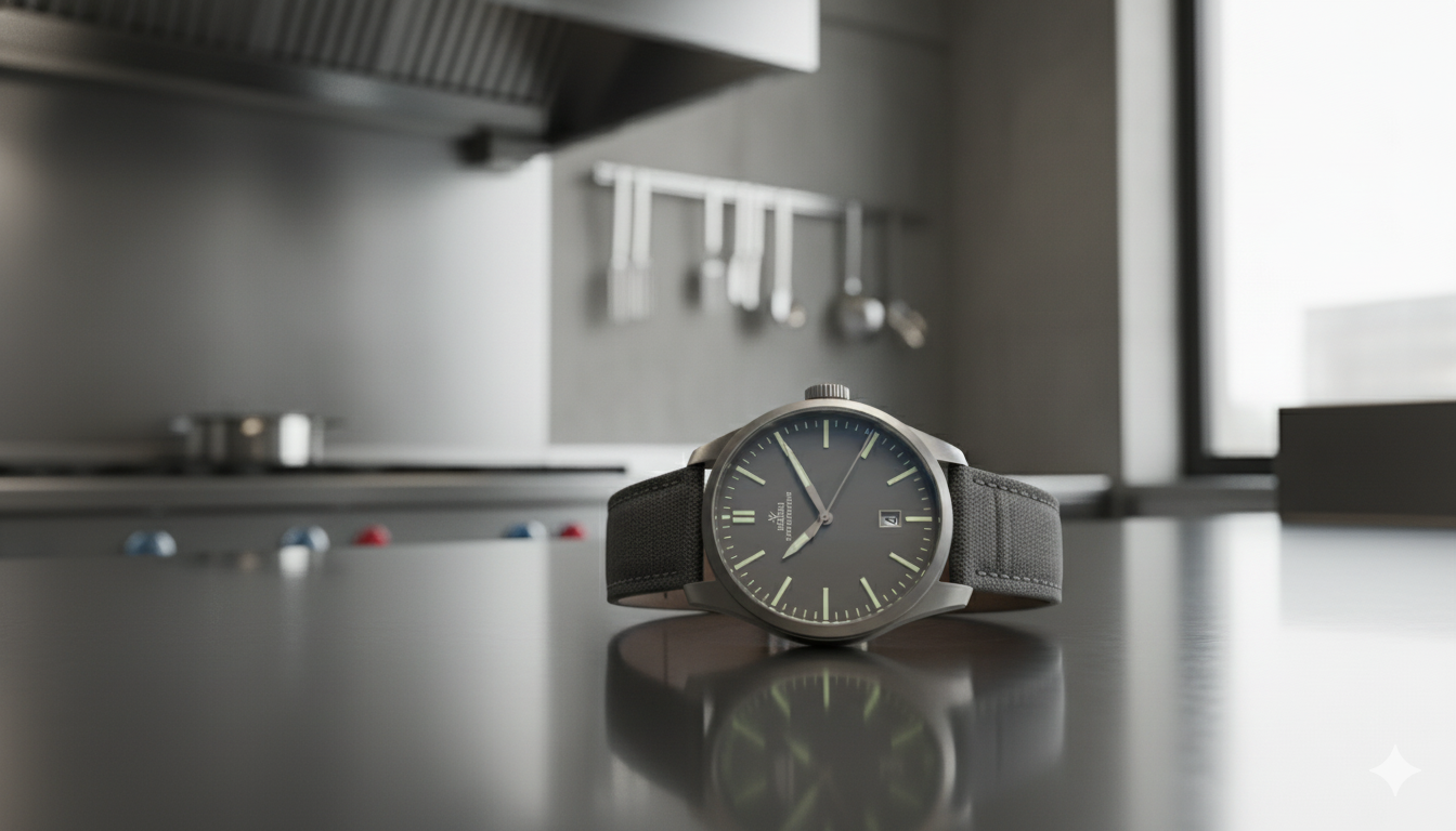 Valbax titanium automatic watch resting on a Kitchensmith stainless steel commercial surface